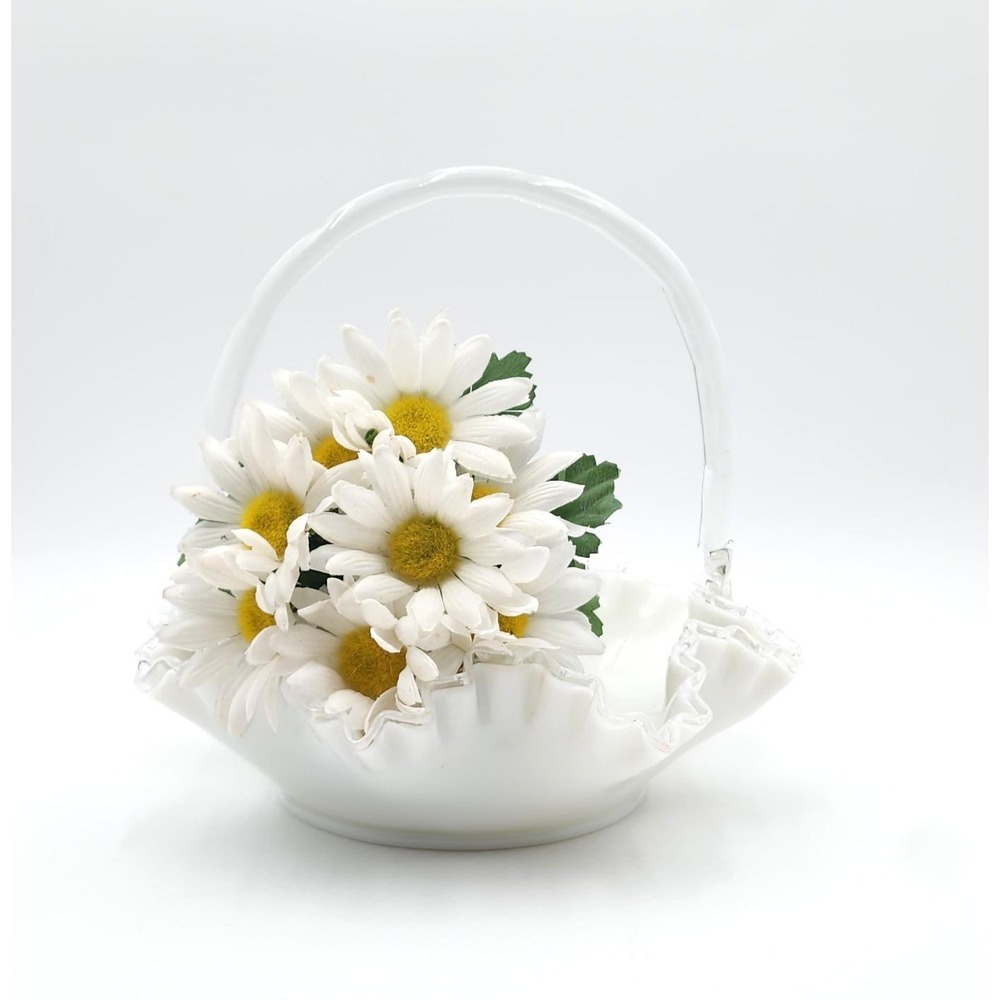 Fenton Silver Crest Milk Glass Bride Basket Clear Ruffled Rim Vintage